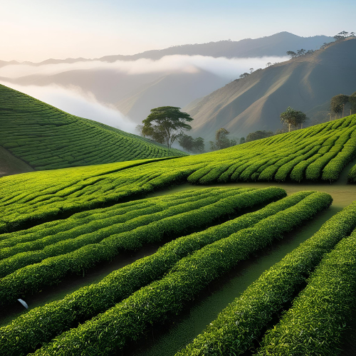 Weitläufige Ceylon-Teeplantage in den grünen Hügeln von Nuwara Eliya, Sri Lanka. Die sorgfältig angelegten Teefelder erstrecken sich über sanfte Berghänge, während leichter Nebel die Landschaft umhüllt – ein Symbol für hochwertigen Schwarztee-Anbau.
