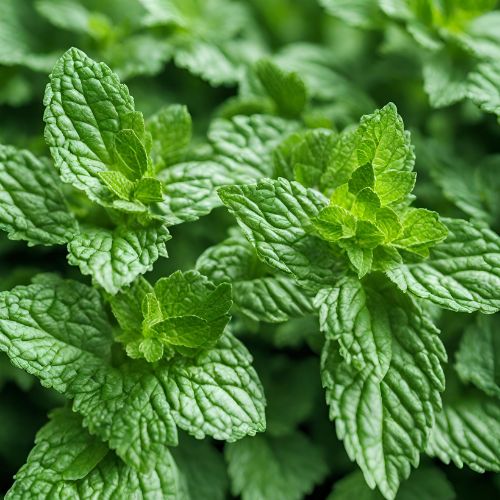 Frische grüne Minzblätter in Nahaufnahme. Die leuchtenden Blätter zeigen die natürliche Frische und aromatische Intensität der Minze, die für ihre belebende und verdauungsfördernde Wirkung bekannt ist.