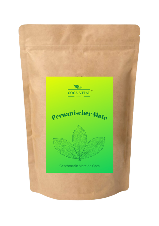 Peruanischer Mate Tee – Verpackung mit Mate de Coca Aroma, klassisches Design.