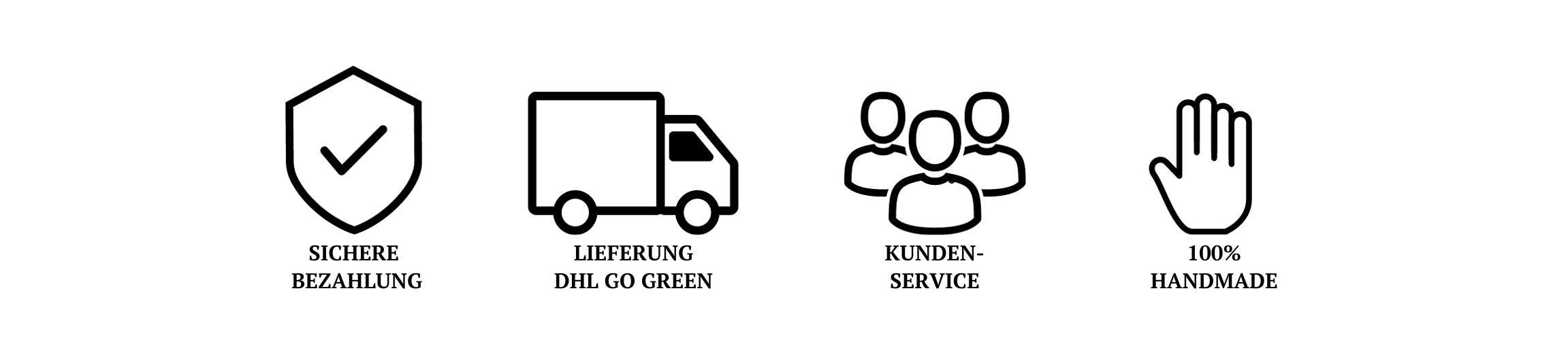Symbole für sichere Bezahlung, umweltfreundliche Lieferung mit DHL Go Green, Kundenservice und 100 % handgefertigte Produkte bei Coca Vital.
