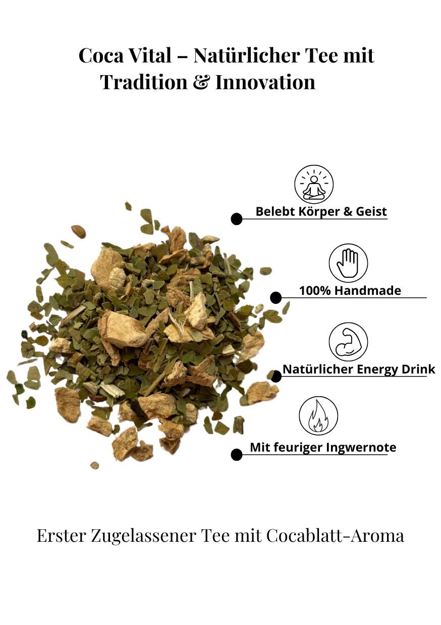 Infografik mit den Vorteilen von Andenfeuer Tee – Mate de Coca und Ingwer. Punkte: Natürliche Energie, 100 % handmade, wärmender Ingwer, vitalisierender Genuss.
