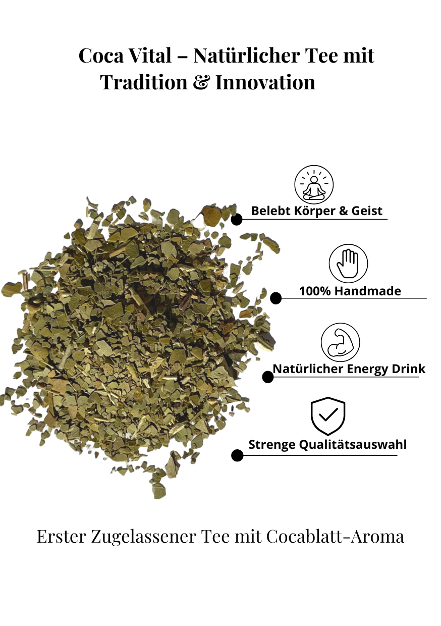 USP-Grafik des Peruanischen Mate Tees: 100 % handmade, natürlicher Energy Drink, belebt Körper & Geist, geprüft und legal zugelassen.
