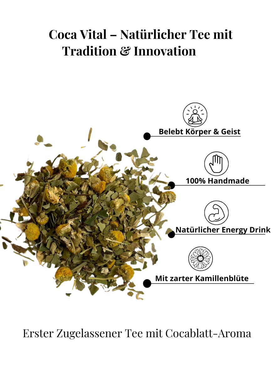 Infografik mit den Vorteilen von Sanfte Blüte Tee – Mate de Coca und Kamille. Punkte: Sanfte Energie, 100 % handmade, beruhigende Kamille, entspannender Genuss.