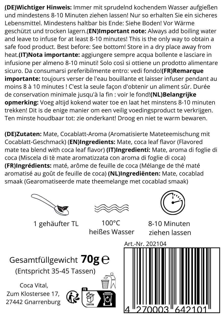 Peruanischer Mate Tee – Rückseite der Verpackung mit Produktinformationen.